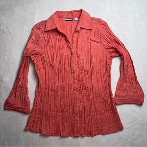 Croft & Barrow Coral Pink Crinkle Floral Embroidered Blouse Top Women’s Size L